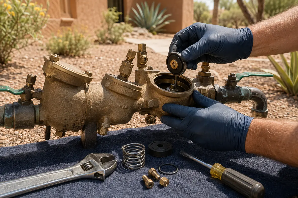 Backflow prevention assembly undergoing component repair