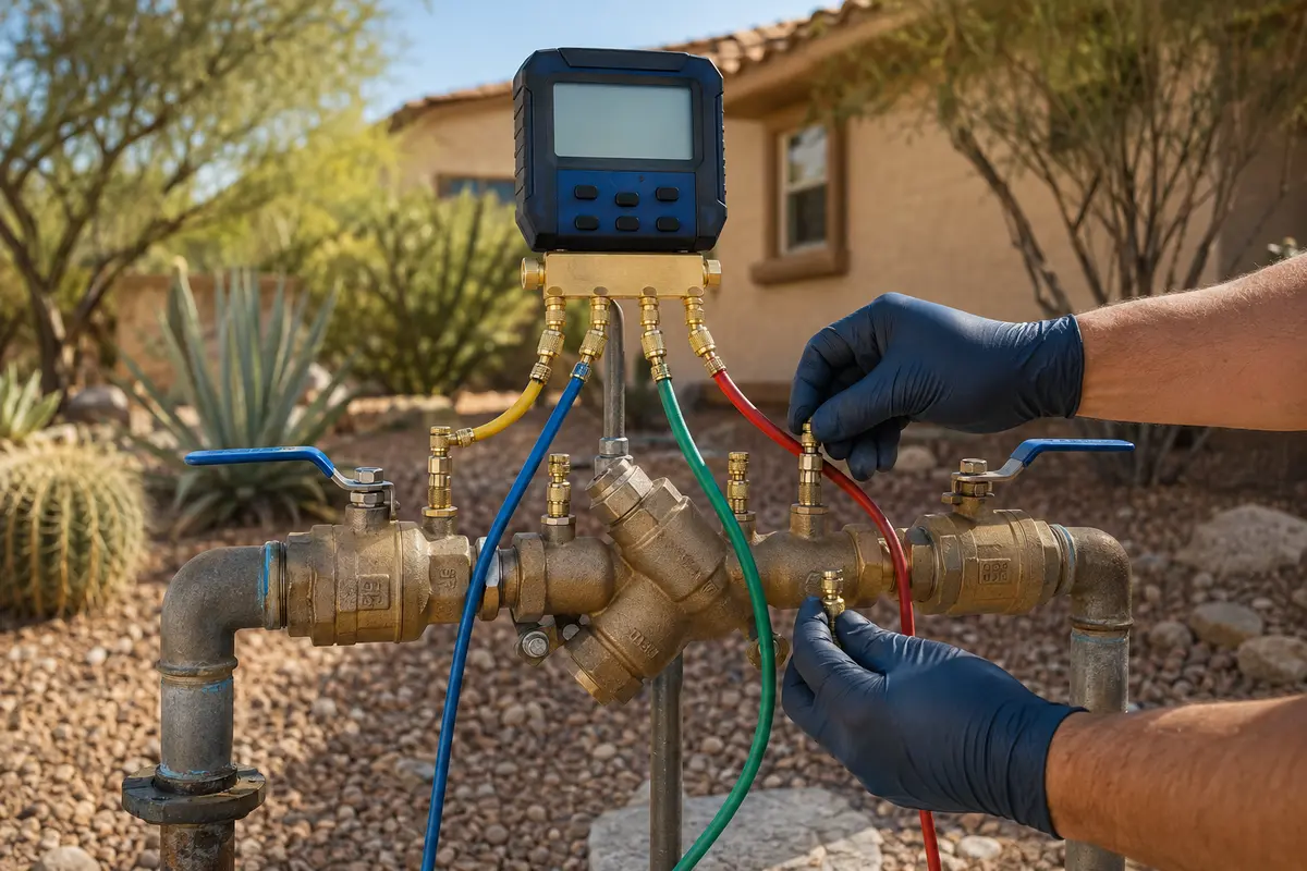 Backflow testing gauge connected to a residential backflow prevention assembly