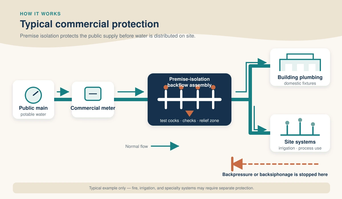 Diagram of a typical commercial water meter and premise-isolation backflow assembly
