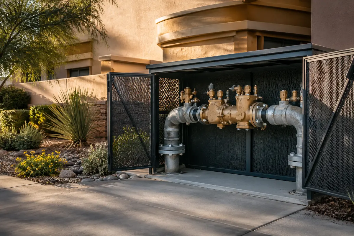 Large commercial backflow assembly inside a protective enclosure