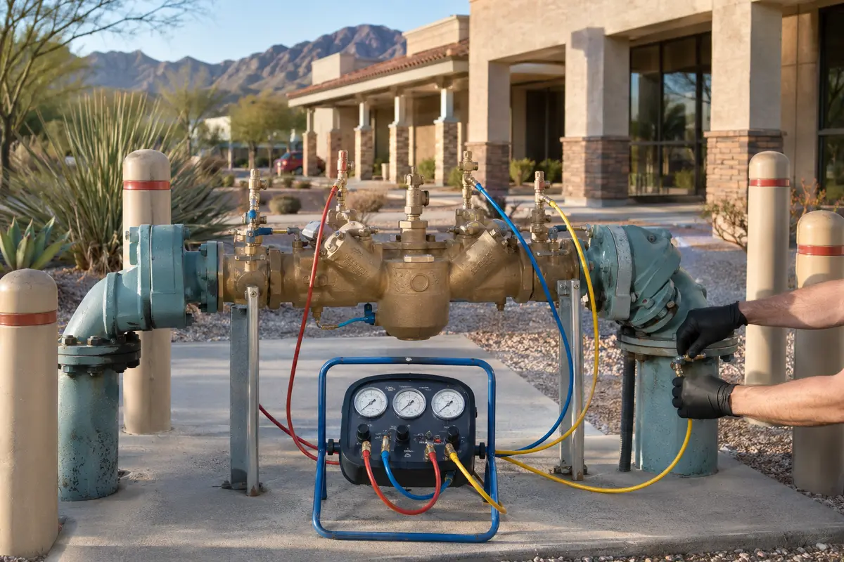 Commercial backflow assembly connected to a test gauge