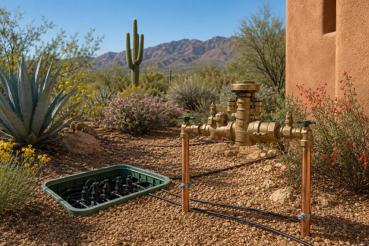 Irrigation backflow prevention assembly serving desert landscaping
