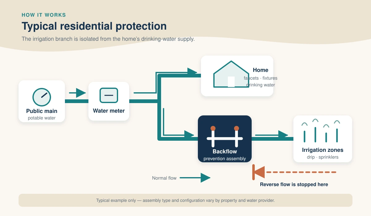 Diagram of a typical residential water meter branching to the home and irrigation through a backflow prevention assembly